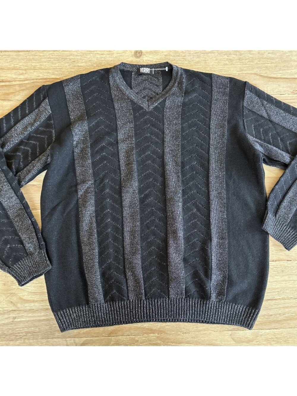 VERRI ITALY WOOL Blend Pullover V- Neck SWEATER Black Metallic *Chest 50* XXL